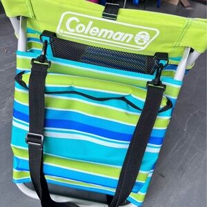 Coleman Green and Blue Striped Backpack Chair Roll Out Backpack Chair Like New